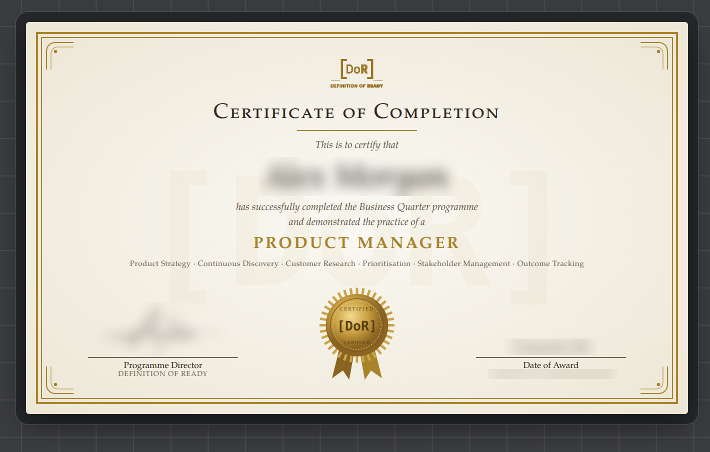 Certificate of completion for the Product Manager role