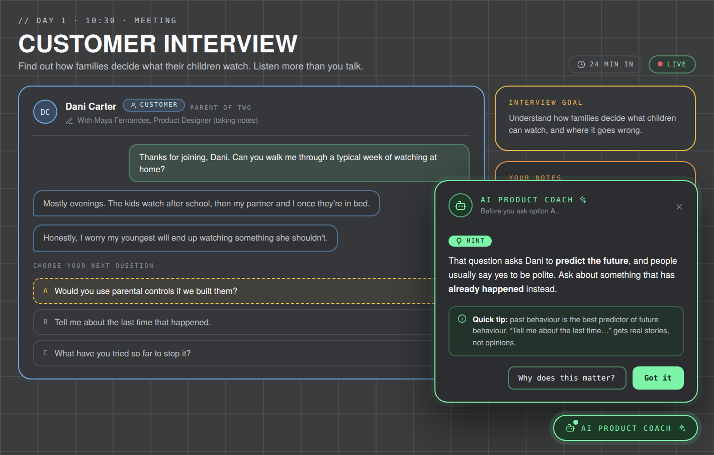 AI Product Coach giving an interview hint during a customer interview